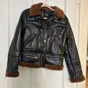 Guess Black Faux Leather Jacket with Brown Trim